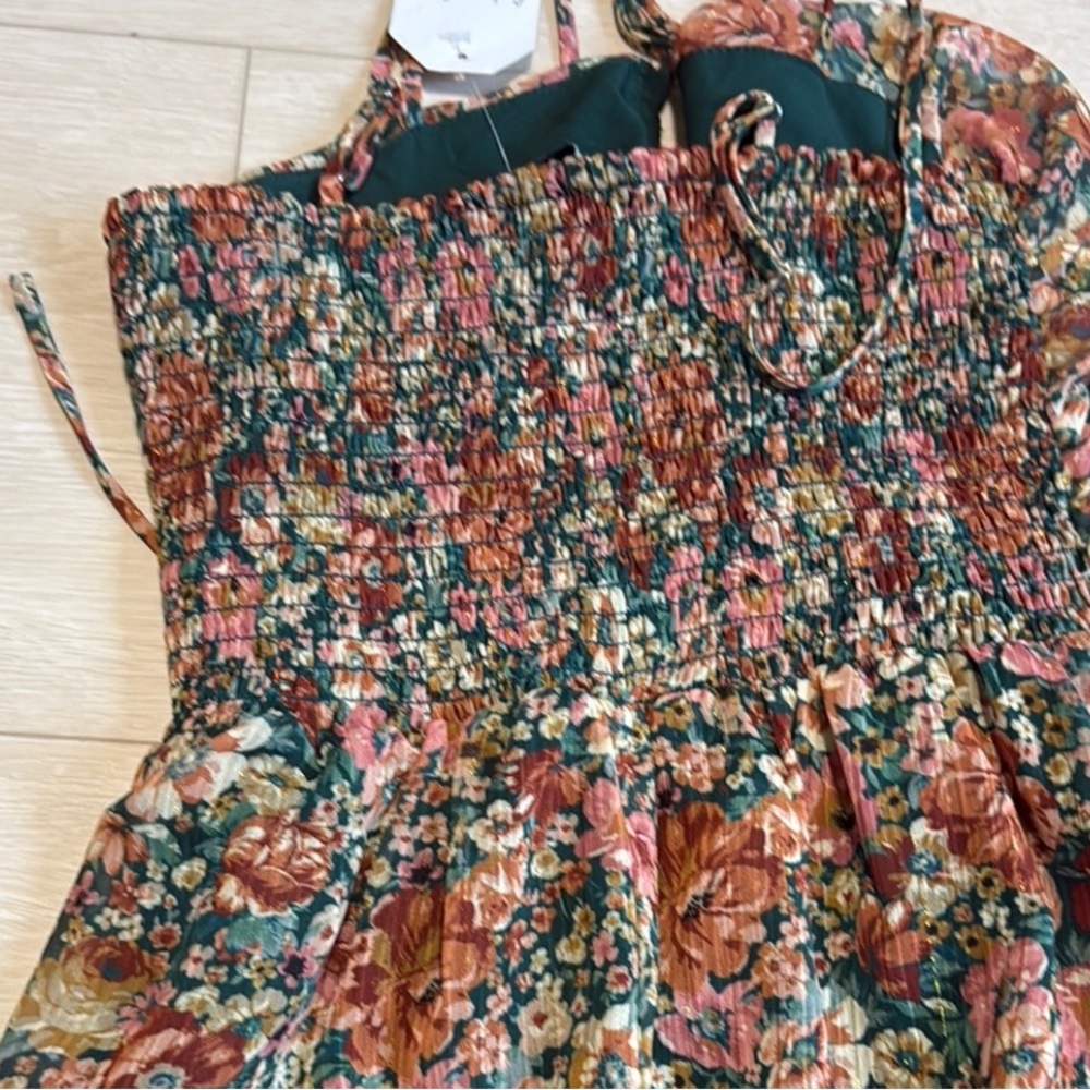Sadie & Sage Floral Green Red Smocked Halter Midi Dress - Picture 11 of 12